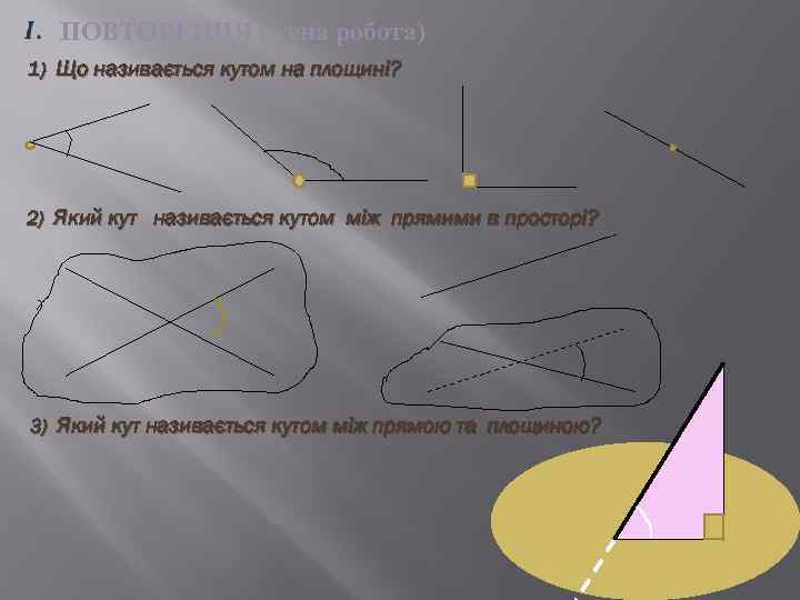  ПОВТОРЕННЯ ( усна робота) 1) Що називається кутом на площині? 2) Який кут