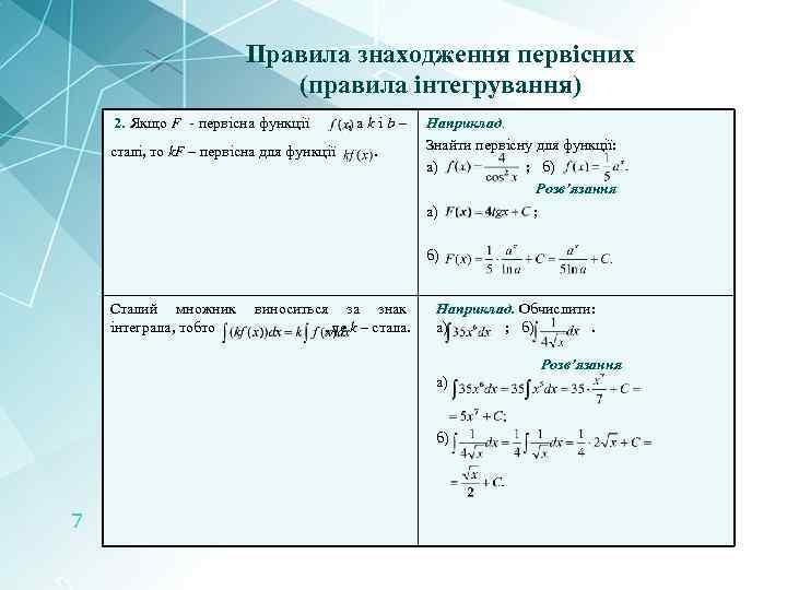 Правила знаходження первісних (правила інтегрування) 2. Якщо F - первісна функції сталі, то k.