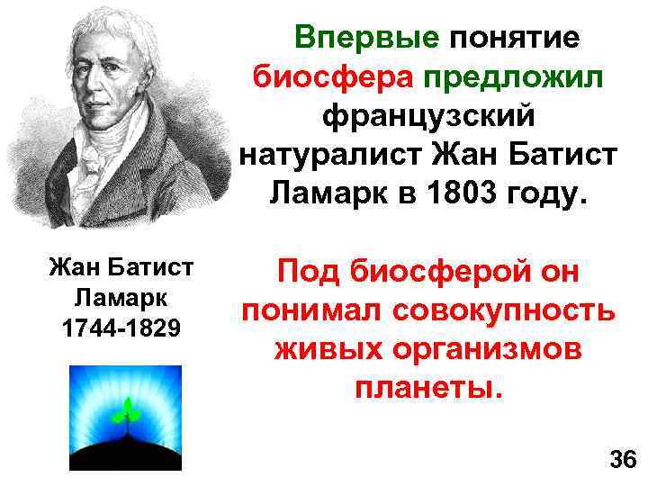 Впервые понятие биосфера предложил французский натуралист Жан Батист Ламарк в 1803 году. Жан Батист
