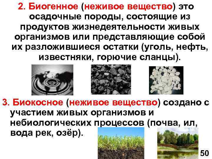 2. Биогенное (неживое вещество) это осадочные породы, состоящие из продуктов жизнедеятельности живых организмов или