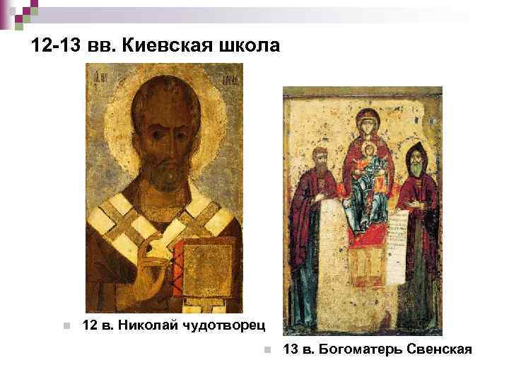 12 -13 вв. Киевская школа n 12 в. Николай чудотворец n 13 в. Богоматерь