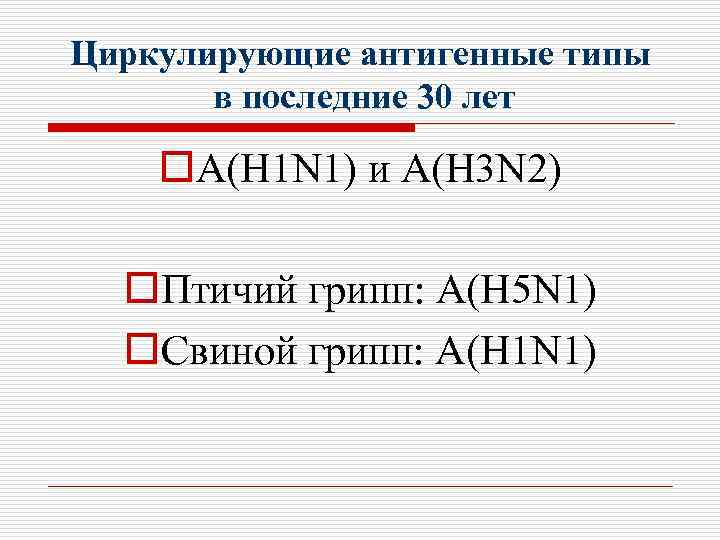 Циркулирующие антигенные типы в последние 30 лет o. А(H 1 N 1) и A(H