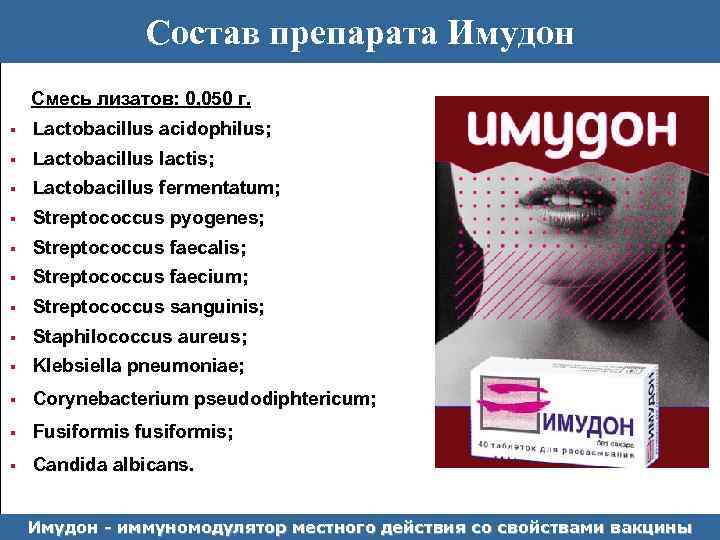 Состав препарата Имудон Смесь лизатов: 0, 050 г. § Lactobacillus acidophilus; § Lactobacillus lactis;