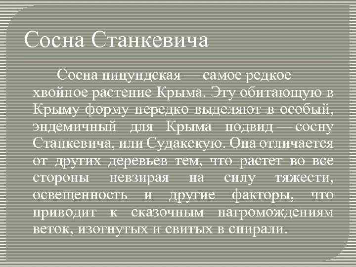 Сосна Станкевича Сосна пицундская — самое редкое хвойное растение Крыма. Эту обитающую в Крыму форму нередко