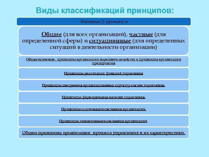 Виды классификаций принципов: Основные (1 уровень) и Общие (для всех организаций), частные (для определенной