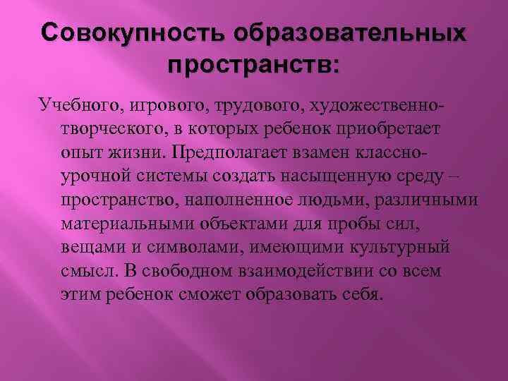 Совокупность образовательных пространств: Учебного, игрового, трудового, художественно творческого, в которых ребенок приобретает опыт жизни.