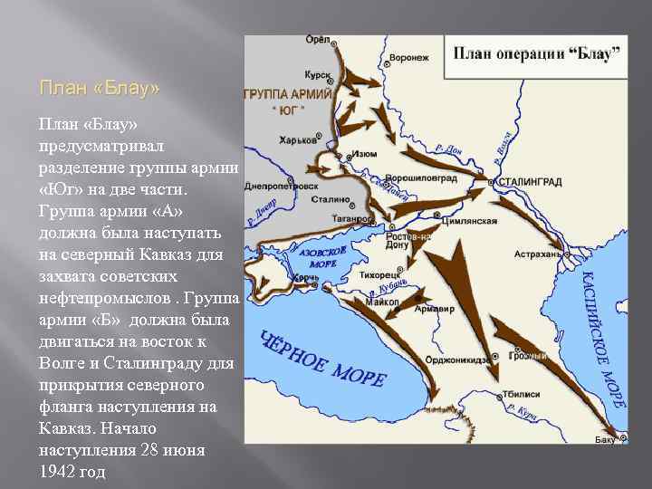 План «Блау» предусматривал разделение группы армии «Юг» на две части. Группа армии «А» должна