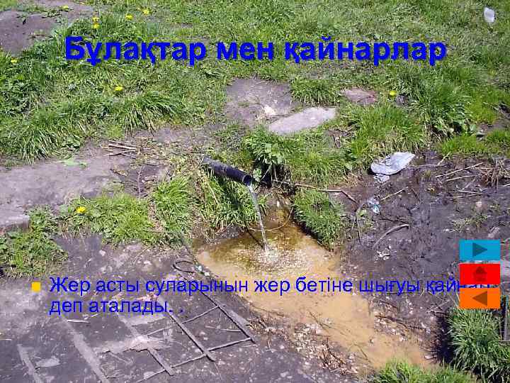 Бұлақтар мен қайнарлар n Жер асты суларынын жер бетіне шығуы қайнар деп аталады. .