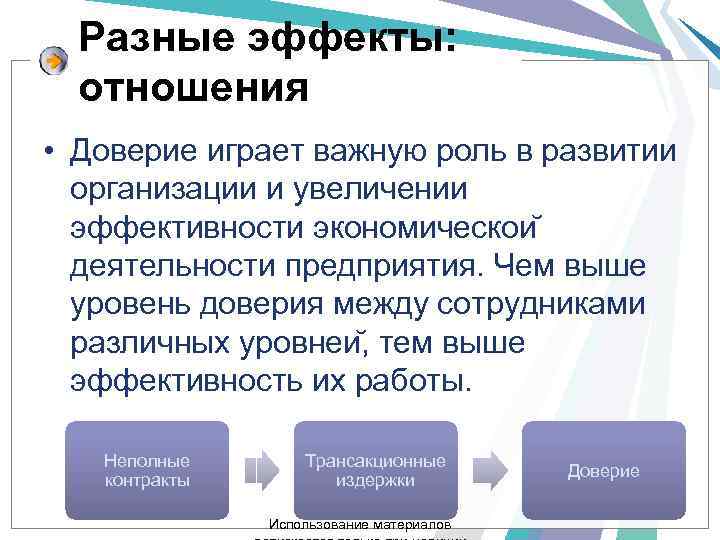 Разные эффекты: отношения • Доверие играет важную роль в развитии организации и увеличении эффективности