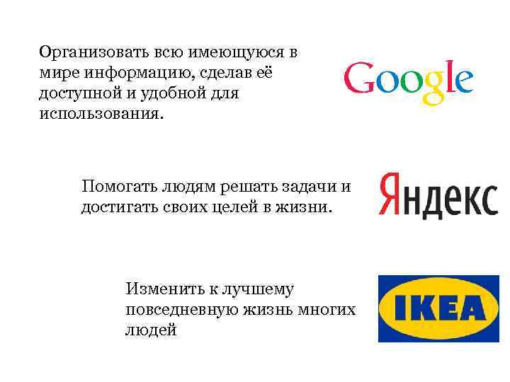 Организовать всю имеющуюся в мире информацию, сделав её доступной и удобной для использования. Помогать