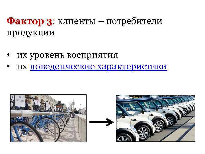 Фактор 3: клиенты – потребители : продукции • их уровень восприятия • их поведенческие