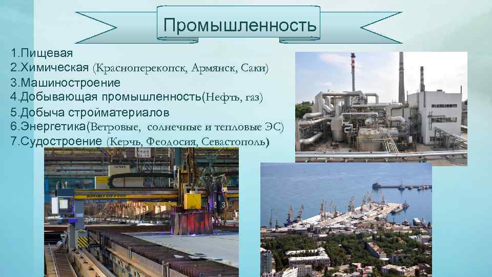Промышленность 1. Пищевая 2. Химическая (Красноперекопск, Армянск, Саки) 3. Машиностроение 4. Добывающая промышленность(Нефть, газ)