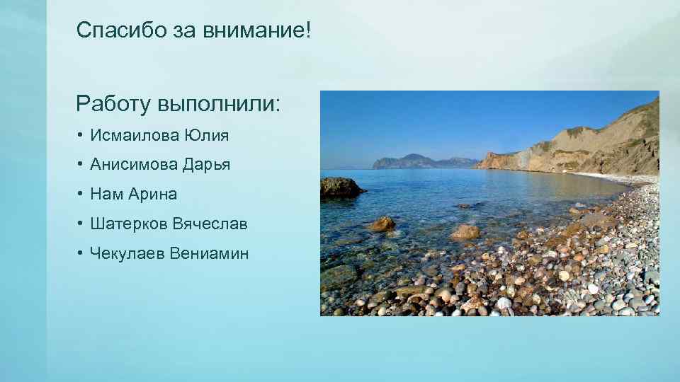 Спасибо за внимание! Работу выполнили: • Исмаилова Юлия • Анисимова Дарья • Нам Арина