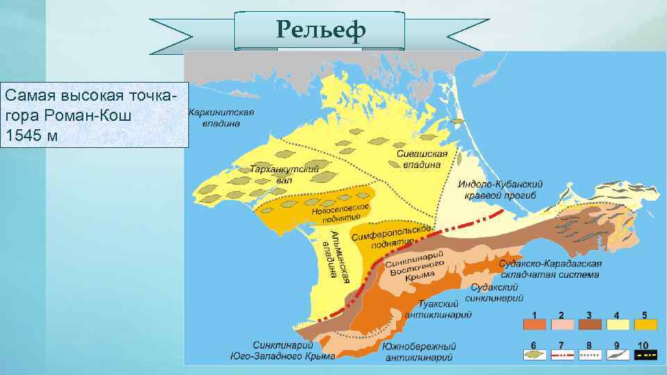 Рельеф Самая высокая точка- гора Роман-Кош 1545 м 