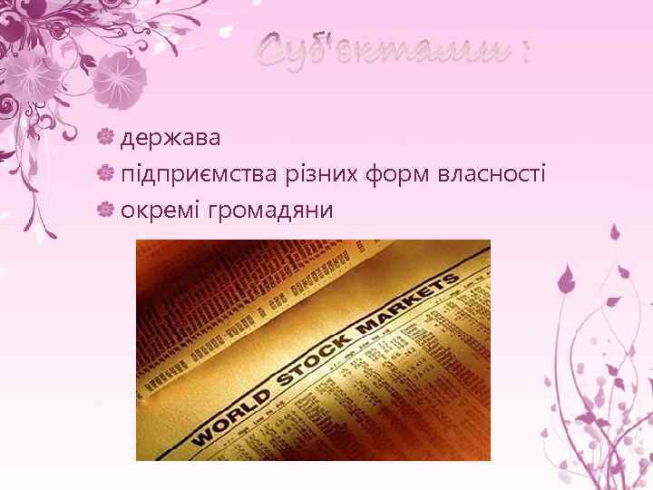 Суб'єктами : держава підприємства різних форм власності окремі громадяни 