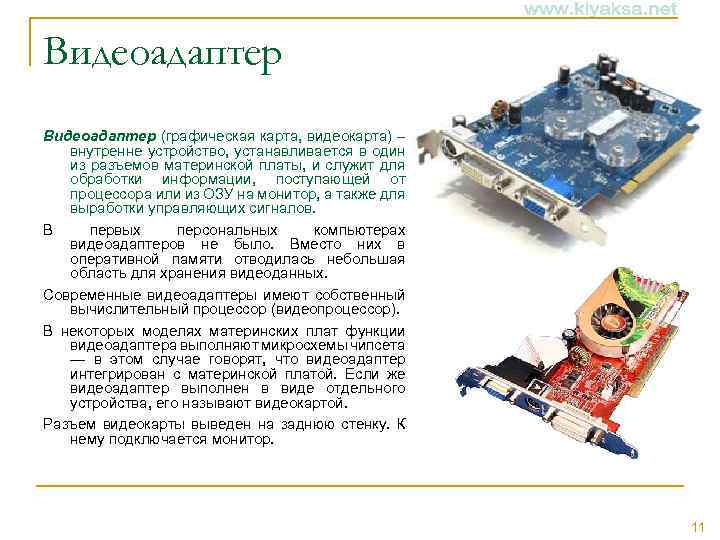 Видеоадаптер (графическая карта, видеокарта) – внутренне устройство, устанавливается в один из разъемов материнской платы,