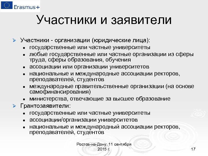 Участники и заявители Участники - организации (юридические лица): l государственные или частные университеты l