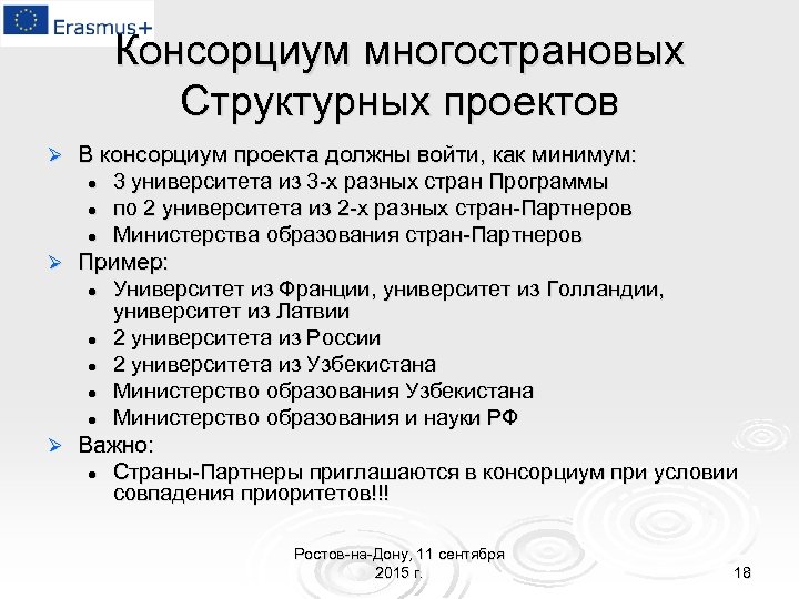 Консорциум многострановых Структурных проектов В консорциум проекта должны войти, как минимум: l 3 университета
