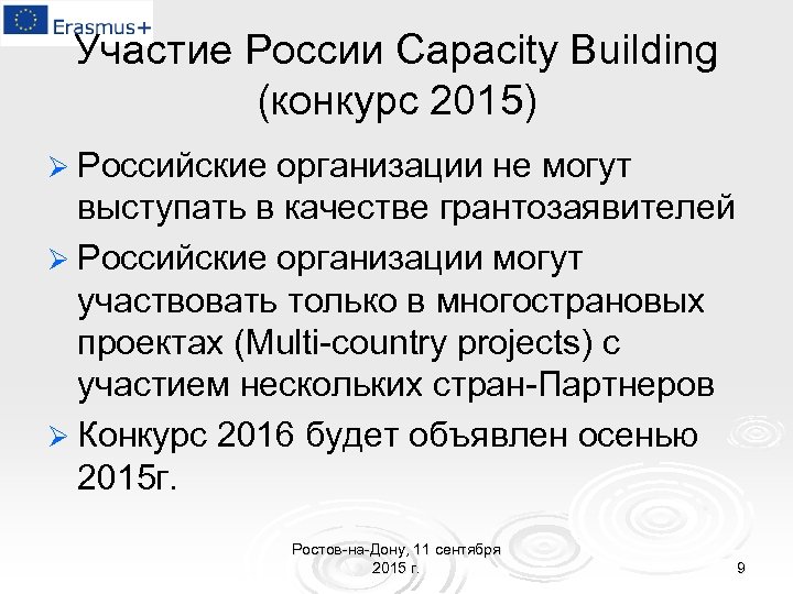 Участие России Capacity Building (конкурс 2015) Ø Российские организации не могут выступать в качестве
