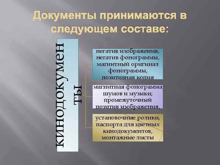 кинодокумен ты Документы принимаются в следующем составе: негатив изображения, негатив фонограммы, магнитный оригинал фонограммы,