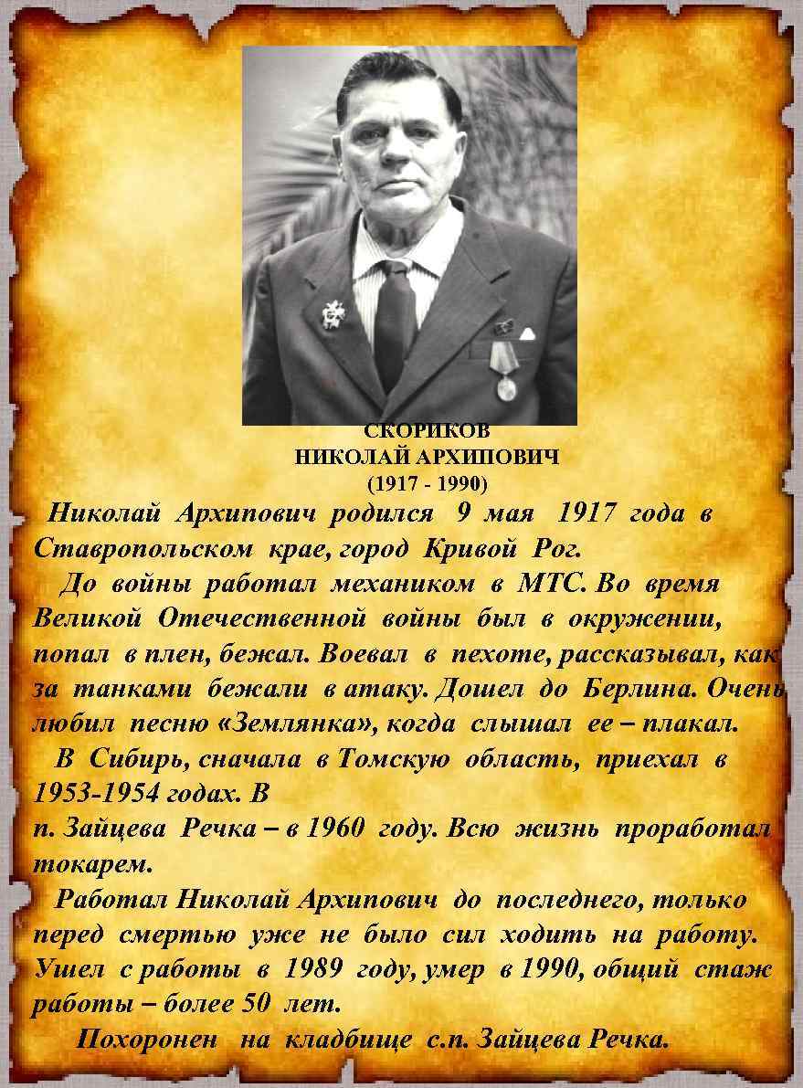 СКОРИКОВ НИКОЛАЙ АРХИПОВИЧ (1917 - 1990) Николай Архипович родился 9 мая 1917 года в