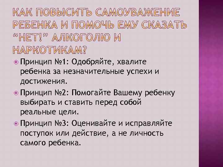  Принцип № 1: Одобряйте, хвалите ребенка за незначительные успехи и достижения. Принцип №