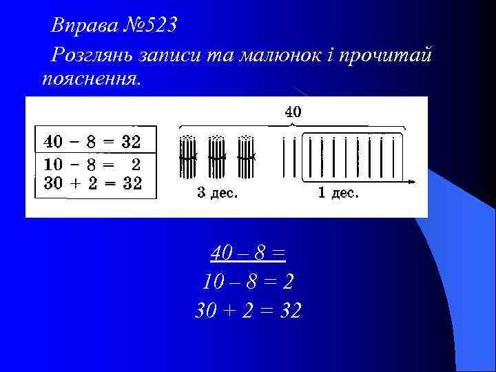 Вправа № 523 Розглянь записи та малюнок і прочитай пояснення. 40 – 8 =