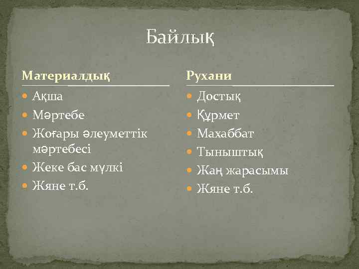 Байлық Материалдық Рухани Ақша Достық Мәртебе Құрмет Жоғары әлеуметтік Махаббат мәртебесі Жеке бас мүлкі