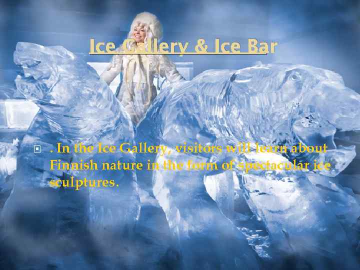 Ice Gallery & Ice Bar . In the Ice Gallery, visitors will learn about