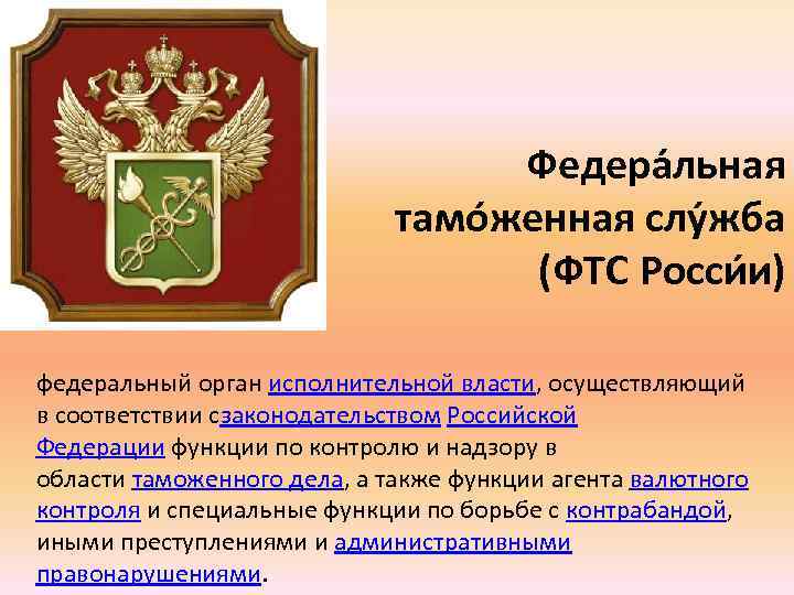 Федера льная тамо женная слу жба (ФТС Росси и) федеральный орган исполнительной власти, осуществляющий