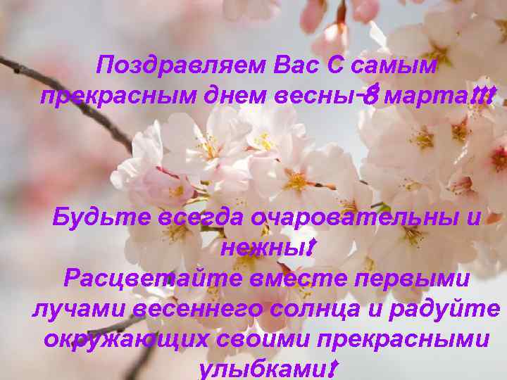 Поздравляем Вас С самым прекрасным днем весны-8 марта!!! Будьте всегда очаровательны и нежны! Расцветайте