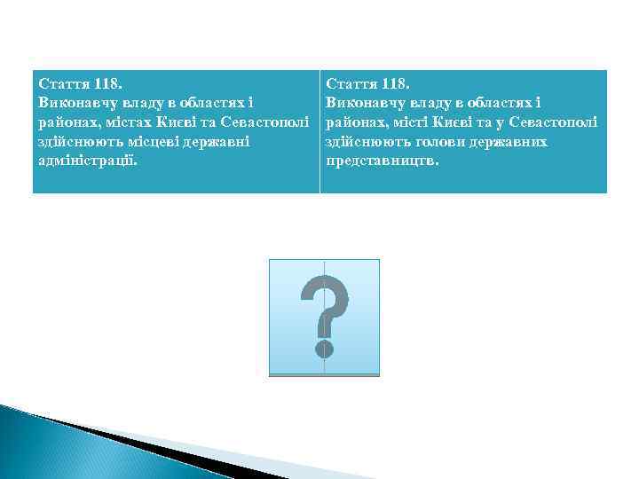 Стаття 118. Виконавчу владу в областях і районах, містах Києві та Севастополі здійснюють місцеві