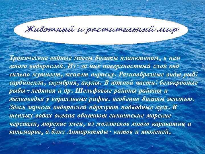 Животный и растительный мир Тропические водные массы богаты планктоном, в нем много водорослей. Из-