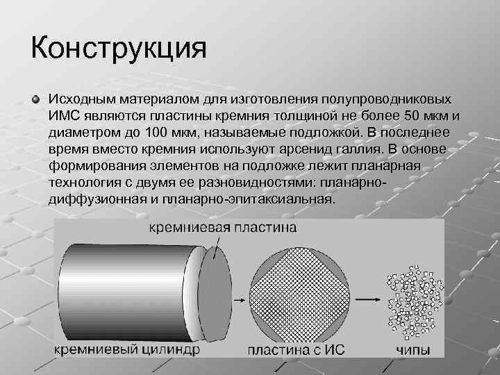 Конструкция Исходным материалом для изготовления полупроводниковых ИМС являются пластины кремния толщиной не более 50