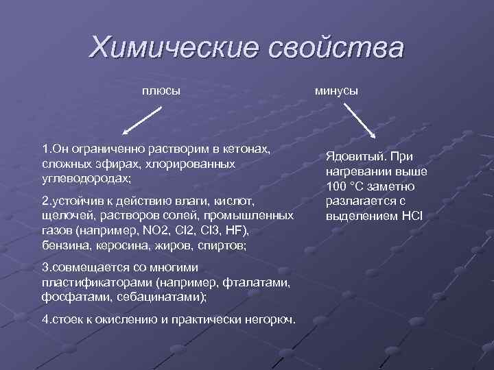 Химические свойства плюсы 1. Он ограниченно растворим в кетонах, сложных эфирах, хлорированных углеводородах; 2.