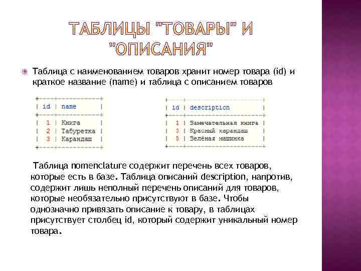  Таблица с наименованием товаров хранит номер товара (id) и краткое название (name) и