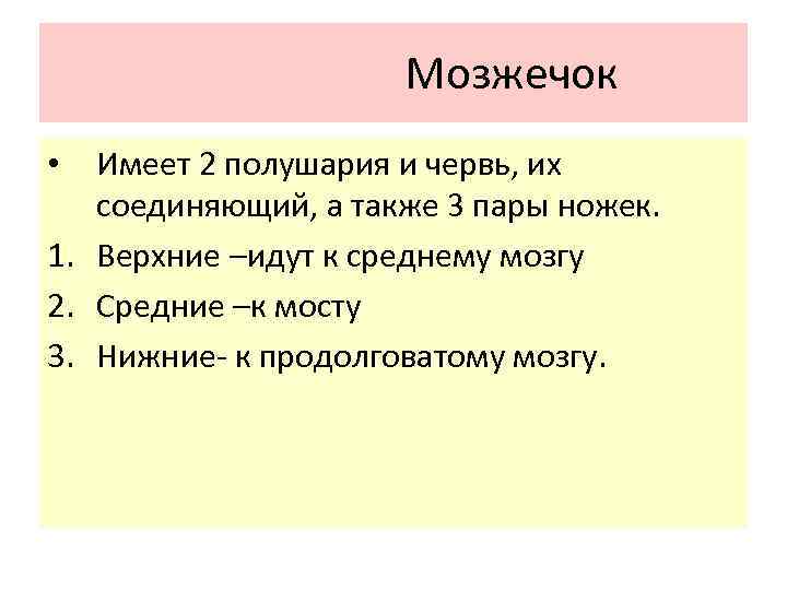 Мозжечок Имеет 2 полушария и червь, их соединяющий, а также 3 пары ножек. 1.