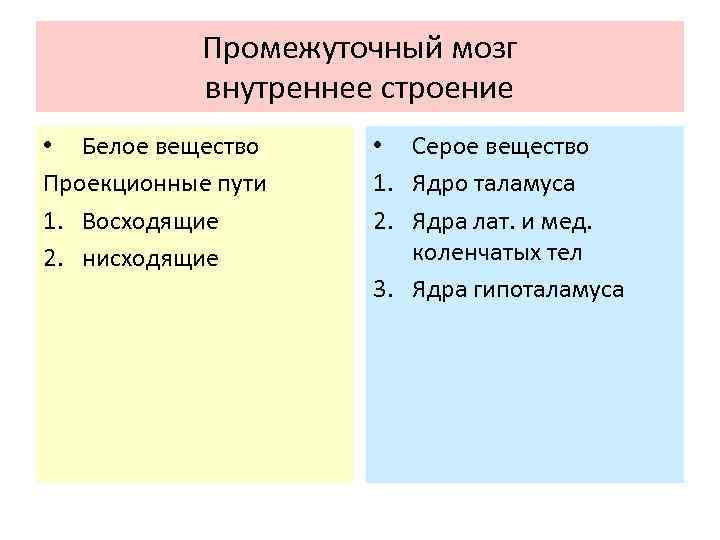 Промежуточный мозг внутреннее строение • Белое вещество Проекционные пути 1. Восходящие 2. нисходящие •