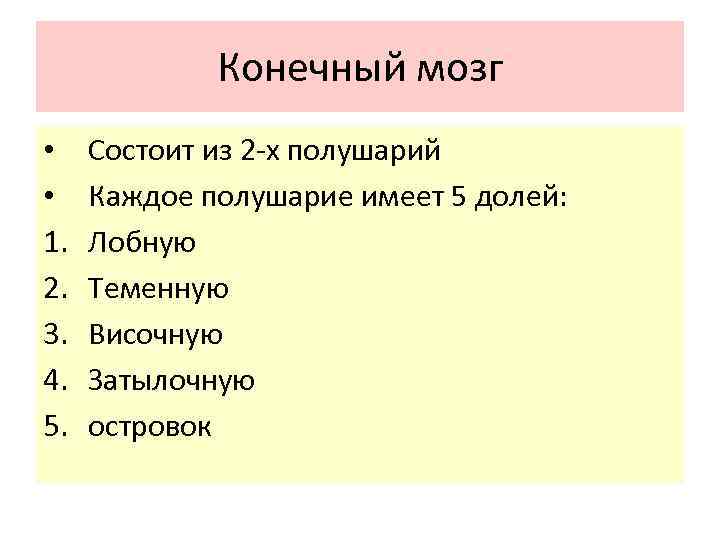 Конечный мозг • • 1. 2. 3. 4. 5. Состоит из 2 -х полушарий