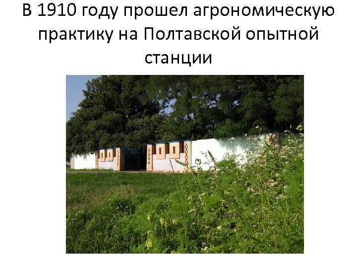 В 1910 году прошел агрономическую практику на Полтавской опытной станции 