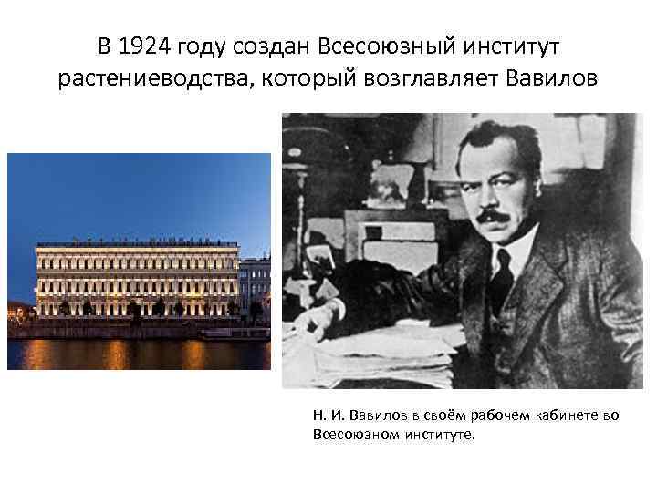 В 1924 году создан Всесоюзный институт растениеводства, который возглавляет Вавилов Н. И. Вавилов в
