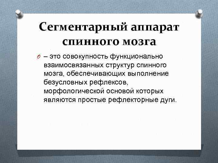 Сегментарный аппарат спинного мозга O – это совокупность функционально взаимосвязанных структур спинного мозга, обеспечивающих