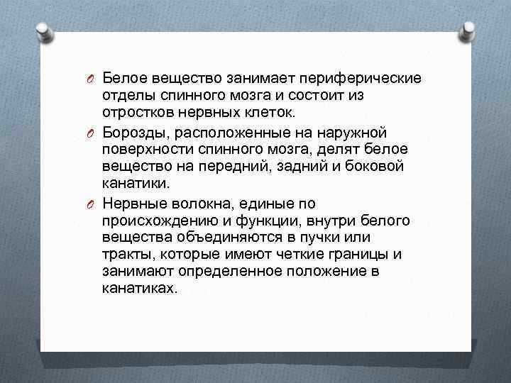 O Белое вещество занимает периферические отделы cпинного мозга и состоит из отростков нервных клеток.