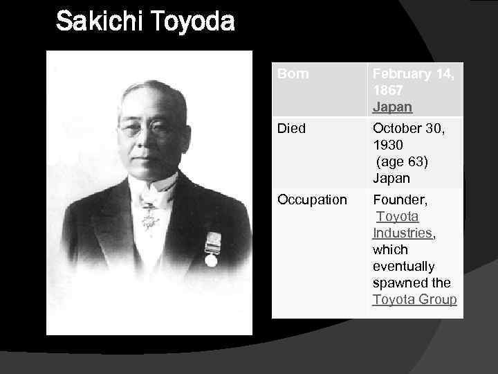 Sakichi Toyoda Born February 14, 1867 Japan Died October 30, 1930 (age 63) Japan