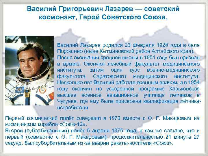 Василий Григорьевич Лазарев — советский космонавт, Герой Советского Союза. Василий Лазарев родился 23 февраля