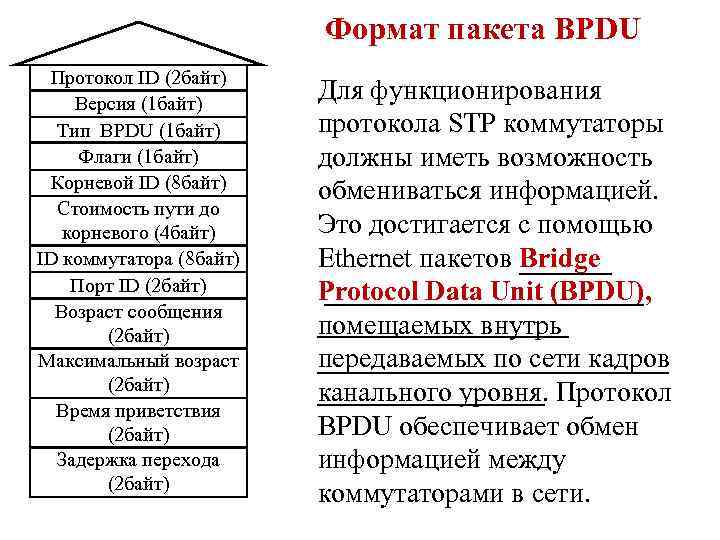 Формат пакета BPDU Протокол ID (2 байт) Версия (1 байт) Тип BPDU (1 байт)