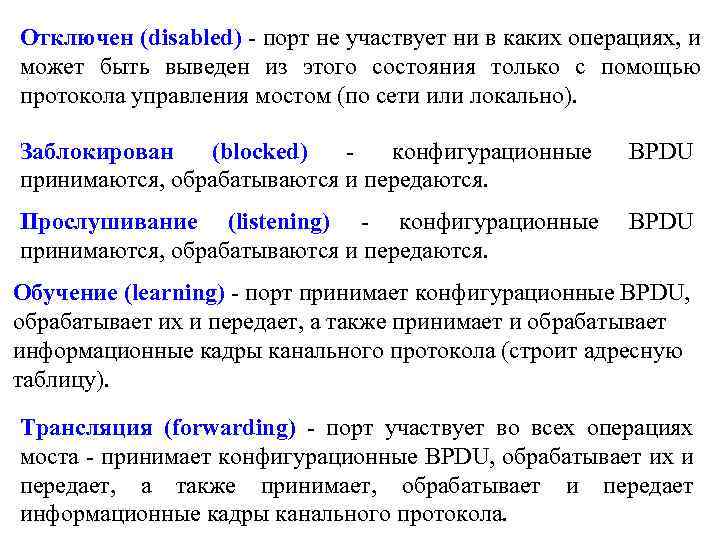 Отключен (disabled) - порт не участвует ни в каких операциях, и может быть выведен