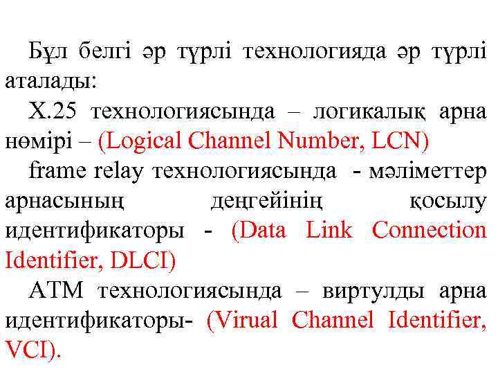 Бұл белгі әр түрлі технологияда әр түрлі аталады: Х. 25 технологиясында – логикалық арна