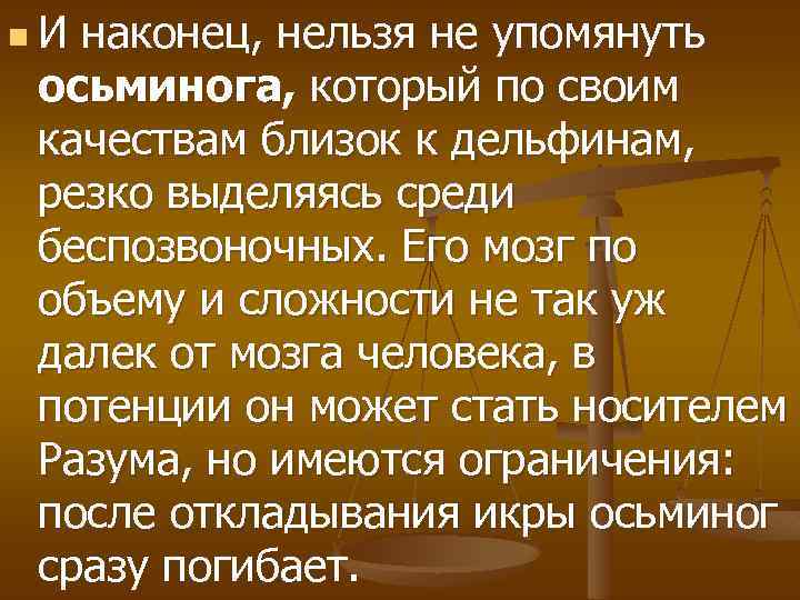 n И наконец, нельзя не упомянуть осьминога, который по своим качествам близок к дельфинам,