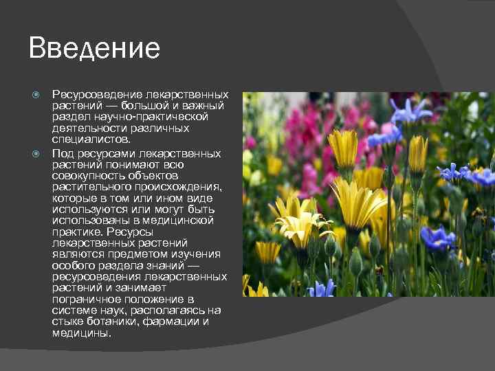 Введение Ресурсоведение лекарственных растений — большой и важный раздел научно-практической деятельности различных специалистов. Под